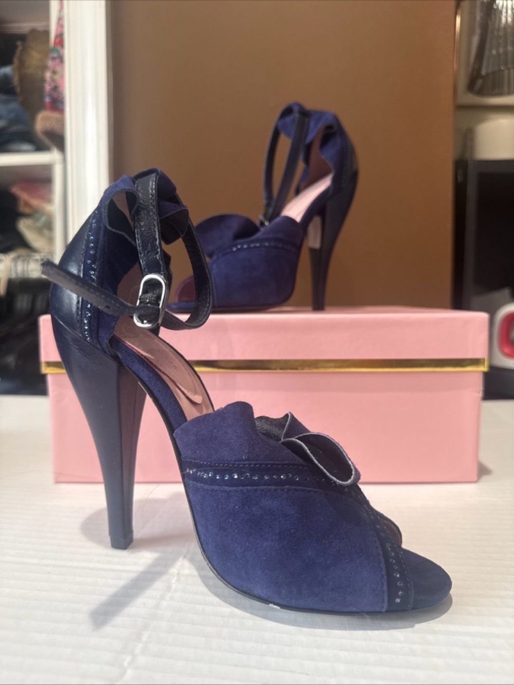 Rebecca Taylor Navy Ruffle Suede Peep Toe Ankle Strap Heels size 6.5